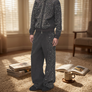 Pantalon de survêtement en coton noir pour homme, doublure polaire écologique, avec cordon de serrage à la taille, broderie, style décontracté hiver - Product Image 5