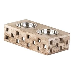 Solid Design Acacia Wood & Stainless Steel Elevated Pet Bowls Dog & Cat Feeder with Raised <b>Block</b> & Water Bowl - Product Image 1