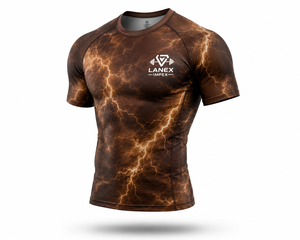 Men's Brown Lightning Compression Shirt Short Sleeve Rash Guard Gym Fitness Workout <b>Athletic</b> Base Layer Performance Sportswear - Product Image 2