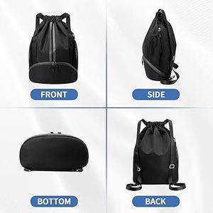 Black Canvas <b>Drawstring</b> <b>Backpack</b> with Shoulder Strap and Wet Dry Pockets 30-40L for Gym Sports Travel - Product Image 1