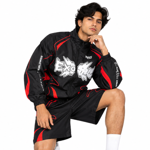 Wholesale Men Black <b>Red</b> Graphic Windbreaker Shorts Zip Track Jacket Streetwear Two Piece Custom Nylon Embroidery Jackets <b>Hoodies</b> - Product Image 6