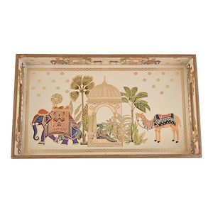 Bandeja Decorativa Rectangular Ligera de Madera Esmaltada, Grabada en Oro, Pintada a Mano, Estilo Art Deco, para Servir, Bodas, Ramadán, Mesa - Product Image 1