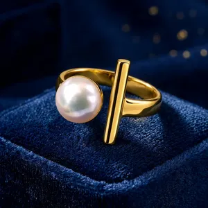 Gold Plated Pearl <b>Ring</b> Geometric Statement Band for Women Party Daily Wear - Product Image 2