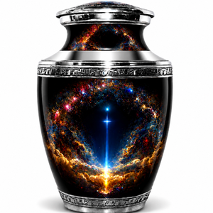 Urne funéraire Lumière Céleste avec motif artistique Éclat Cosmique, design Galaxie Espace Profond et élégante urne gravée en argent - Product Image 1