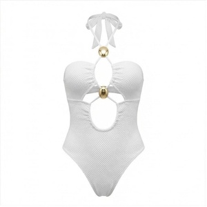 <b>White</b> Halter One-Piece Swimsuit With Hollow Out Design And Gold Beads Women's Beachwear - Product Image 1