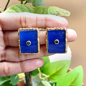 Chunky gemstone <b>earrings</b> <b>blue</b> jade rectangle stone with emerald cz inlay gold plated texture metal brass <b>studs</b> <b>earring</b> for women - Product Image 4