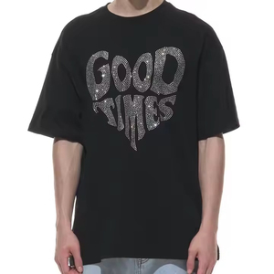 T-shirts unisexes noirs unis à col rond, effet vieilli, en coton biologique et bambou, coupe oversize, de haute qualité, épais, avec strass - Product Image 1