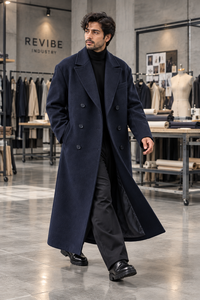 Manteau long en laine bleu marine surdimensionné pour homme, double boutonnage, maxi, hiver, fabrication sur mesure - Product Image 5