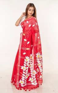 Sari Rojo de Algodón con Estampado Floral Blanco y Detalles Dorados, Traje Tradicional Indio para Bodas, Largo hasta el Suelo, Corte Regular, Estilo Bollywood - Product Image 4