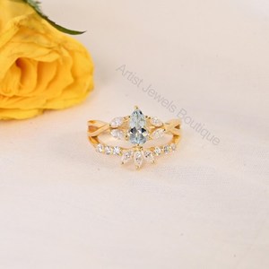 Natural Aquamarine Pear Cut Bridal Ring 925 Sterling <b>Silver</b> & <b>Solid</b> Gold Fine Jewelry OEM ODM Wholesale Supplier - Product Image 1