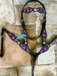 2026 Meilleures ventes, Haute qualité, Licol pour cheval en cuir tressé fait main, Tailles personnalisées, Dégradé bleu turquoise et violet, Style Western - Product Image 3