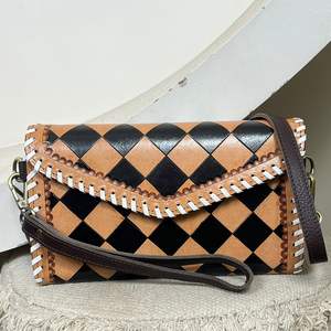 Mini Bolsos y Carteras de Cuero Vacuno Occidental para Mujer, Cartera Cruzada de Cuero a Cuadros Hecha a Mano, Bolso de Mano con Correa para la Muñeca - Product Image 4