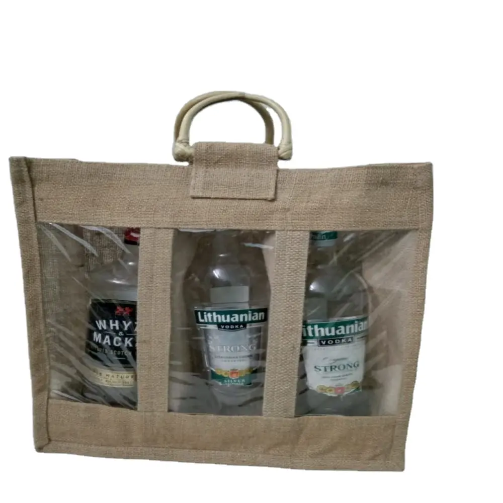 Bolsa de yute para vino con ventana transparente, bolso de mano de arpillera Natural de algodón con mango redondo, embalaje pequeño