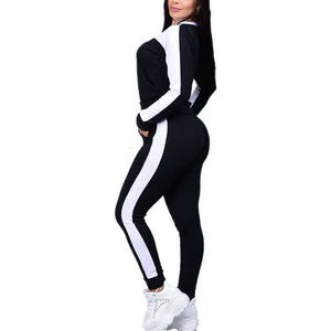 Ensemble de survêtement pour femmes, noir et blanc, blocs de couleur, manches longues, col rond, pantalon de jogging avec poches latérales, style sportif d'automne - Product Image 3