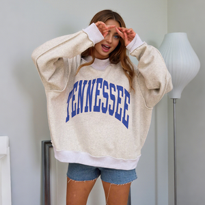 Sweat-shirt pour femme bleu marine à col ras du cou, épaules tombantes, manches longues, imprimé lettres NY, pull décontracté d'automne à col montant - Product Image 4