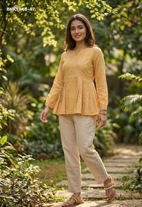 Latest <b>Linen</b> Cotton Solid Full-Sleeve Peplum Top & Pocket Pant Ready made <b>Set</b> Collection Manufacturer from Surat Indian Supplier - Product Image 3