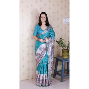 Sari en soie Tussar bleu turquoise Elite Weaves, imprimé Madhubani Fusion, avec motif floral et bordure tissée Zari, style ethnique - Product Image 6