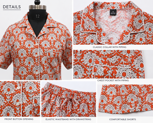 ชุดนอนสั้นลายดอกสีส้มพิมพ์ลายด้วยมือสำหรับผู้หญิง เสื้อแขนสั้นผ้าฝ้าย กางเกงขาสั้น ชุดลำลอง งานฝีมือชิ้นเอก - Product Image 4