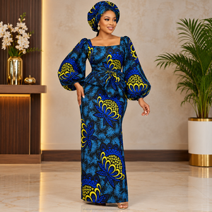 Blue Yellow Premium African Wax Print Ankara Fabric with Floral <b>Paisley</b> <b>Pattern</b> for Women Dressmaking - Product Image 2