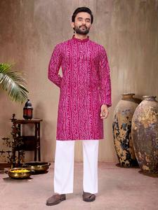 HENIXA CREATION Ensemble de vêtements festifs pour couple, en tissu de coton respirant, motif Bandhani traditionnel, séchage rapide, coupe ajustée - Product Image 4