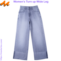 Jean décontracté pour femme, taille mi-haute, coupe ample et décontractée, jambe large, ourlet retroussé, en denim délavé clair, tissu BCI et coton recyclé, 10.17 OZ