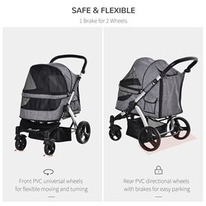 Passeggino Pieghevole per Animali Domestici con Ruote in PVC Regolabili, Freno, Finestra in Rete, Borsa Portaoggetti e Guinzaglio di Sicurezza per Cani e Gatti - Product Image 5