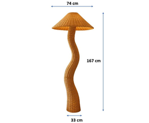 Nouvelle conception, lampadaire de style mid-century en rotin tressé à la main avec structure en fer, lampe à induction E27, abat-jour beige, dimmable, luxe - Product Image 1