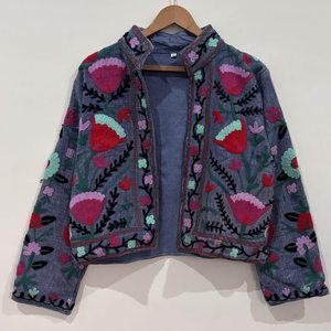 Purple Mandarin Collar Embroidered Knitted Coat Floral Print Long Sleeve Loose Fit Boho Style <b>All</b> Seasons Jacket Casual <b>Dresses</b> - Product Image 5