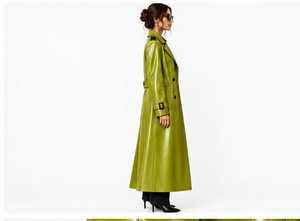 Manteau trench en similicuir vert, col rabattu, ceinture boutonnée - Product Image 6