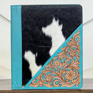 Porte-documents en cuir de vachette véritable, gravé à la main, motif floral, design unique, turquoise, organiseur de bureau pour usage professionnel - Product Image 2