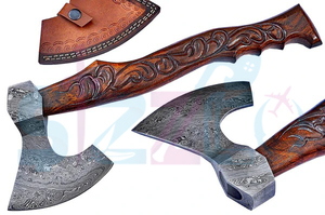 Custom Full Tang Damascus Steel Hunting Camping Bearded <b>Axe</b> Wood <b>Handle</b> Tomahawk Real Hatchet with Leather Sheath, Ideal Gift - Product Image 4
