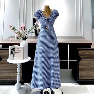 Ladies Vintage Blue Checkered Embroidered Puff Sleeve 2 Piece Long <b>Set</b> Elegant Quick Dry Breathable 100% Polyester Summer - Product Image 1