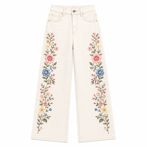 Women's Mid Embroidered Wide Leg Jeans Floral Denim Pants <b>Light</b> Stretch Eco-Friendly Casual Streetwear Fashion Denim <b>Trousers</b> - Product Image 1