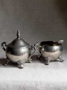 Patinated <b>silver</b>-plated sugar bowl and creamer – Antique <b>tea</b> <b>set</b> – Vintage duo - Product Image 3