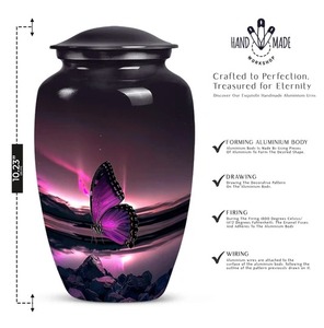 Urna Funeraria de Aluminio Hecha a Mano, Negra con Diseño de Mariposa Morada, para Cenizas de Adultos, Urna Grande de Metal para Recuerdo - Product Image 1