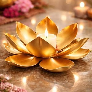 Golden Metal Lotus Flower T-Light Candle <b>Holder</b> Decorative Table <b>Tealight</b> Stand for Home Living Room Decor - Product Image 5