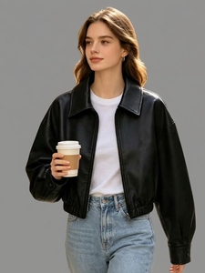 Damen Braune Echtleder-Motorradjacke mit Langen Ärmeln, Stehkragen, Winddicht, Reißverschluss, Winterstil, Farbblockdesign - Product Image 1