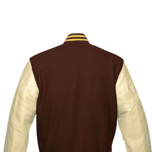 เสื้อแจ็คเก็ตวาร์ซิตี้สีน้ำตาลสำหรับผู้ชาย แขนหนังสีครีม ปลายแขนลายทาง ปิดด้วยกระดุม สวมใส่สบายๆ ในฤดูใบไม้ร่วง - Product Image 4