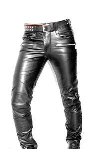 กางเกงหนังแฟชั่นคลาสสิกของผู้ชาย,กางเกงหนังสีทึบมีกระดุมสีแดงสไตล์มีกระดุมสีพื้น - Product Image 2