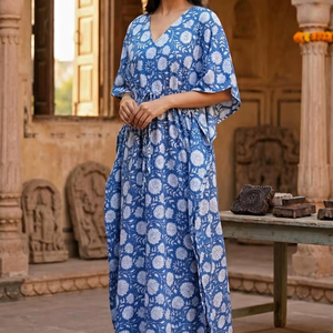 Women Designer Indian Cotton <b>Kaftan</b> Floral Block Print Long <b>Summer</b> Beachwear Party Cover Up Dress - Product Image 1