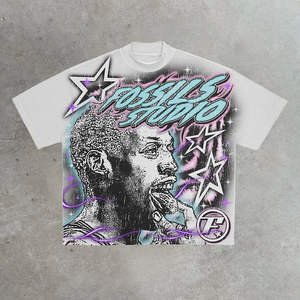 Camiseta Oversize de Algodón Tejido de 300GSM para Hombre, Estilo Hip Hop, Cuello Redondo, Ajuste Holgado, Lavado Ácido, Impresión Digital, Anti-Pilling - Product Image 1