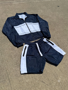 Ensemble de survêtement unisexe à manches longues avec fermeture éclair, short sportif, color block, en polyester léger, coupe régulière pour adulte, idéal pour l'été - Product Image 1
