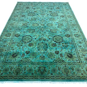 Tapis traditionnel en laine noué à la main 9x12 à motifs floraux en turquoise, olive et noir pour la décoration du salon et de la chambre - Product Image 2