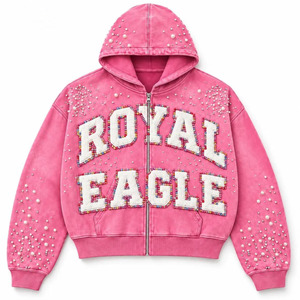 Sudadera con capucha rosa con cremallera unisex, con letras estampadas de perlas y pedrería, 100% algodón, para invierno, con logo frontal, servicio OEM - Product Image 1