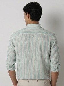 เสื้อเชิ้ตผู้ชายลายทางลำลองฤดูร้อน ระบายอากาศได้ดี ผ้าลินิน/ผ้าฝ้าย กระดุมสองแถว แขนยาว ปกคอปก ติดกระดุมเม็ดเดียว - Product Image 3