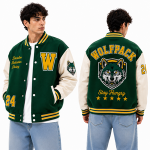 Chaqueta Letterman Negra Clásica, Chaqueta Bomber Varsity con Cuerpo de Lana Negra, con Parches Bordados Personalizados, Ropa Exterior de Marca Privada, Ropa Urbana - Product Image 4