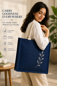 Sac fourre-tout en jute laminé bleu marine 45x18x40 cm avec broderie de feuilles, poignées rembourrées en coton, capacité 32L, poche zippée - Product Image 3