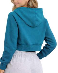 Womens <b>Cropped</b> <b>Zip</b> <b>Up</b> Hoodie Long Sleeve Casual Sweatshirt Soft Fleece Streetwear Teal Blue Color Autumn Winter Fashion Wear - Product Image 2