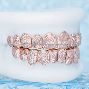 Fancy Designer Style Hip Hop Diamond Grillz Diamond and Engraving Style Combination Full Top Bottom Grillz <b>Silver</b> Teeth Jewelry - Product Image 3