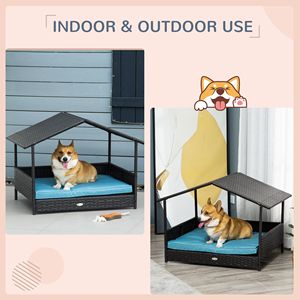 Cuccia per Cani Rialzata in Rattan Blu per Interni/Esterni con Cuscino Rimovibile, Arredamento per Animali Domestici in Vimini - Product Image 4